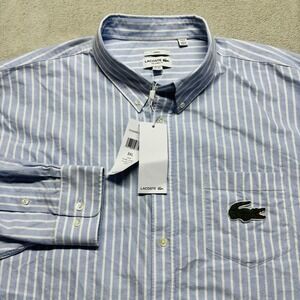 NWT Lacoste Mens 3XL Blue Striped Button Up Shirt Relaxed Huge Croc‎ MSRP $150